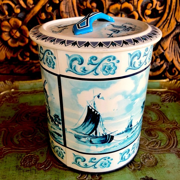 Cookie Canister Vintage Midcentury West Germany Ships and Windmill Tin - Picture 5 of 13